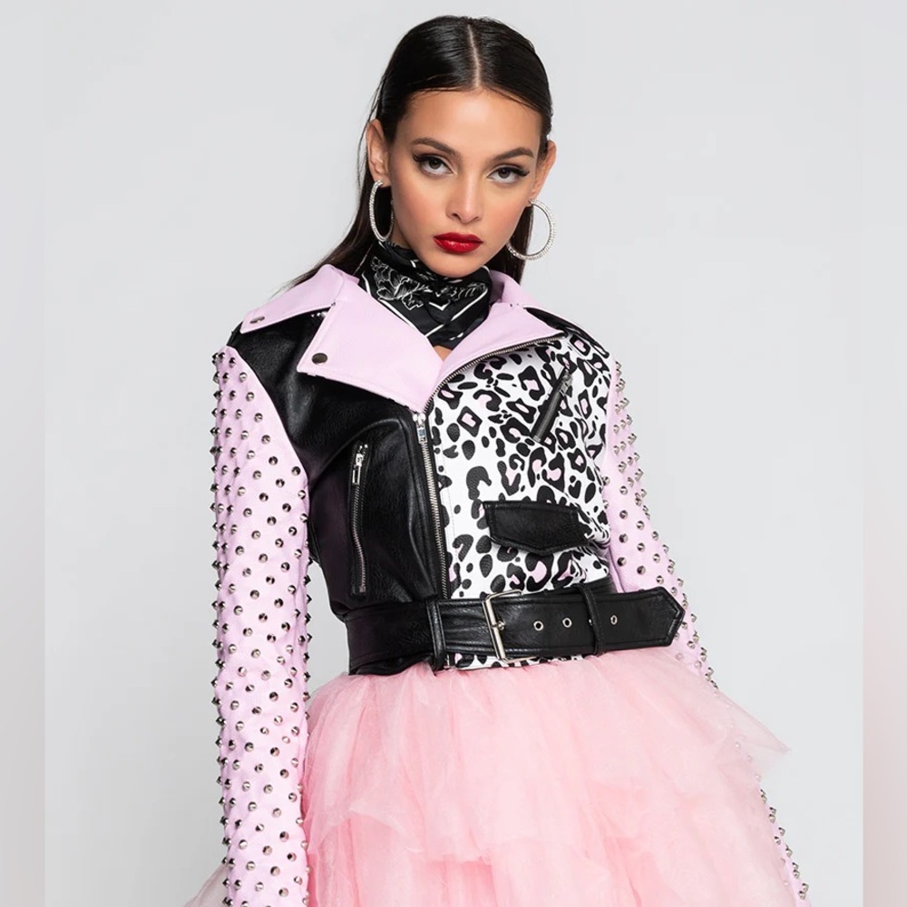 Azalea Wang Vegan Pretty Mess BEWARE pink leopard moto studded jacket